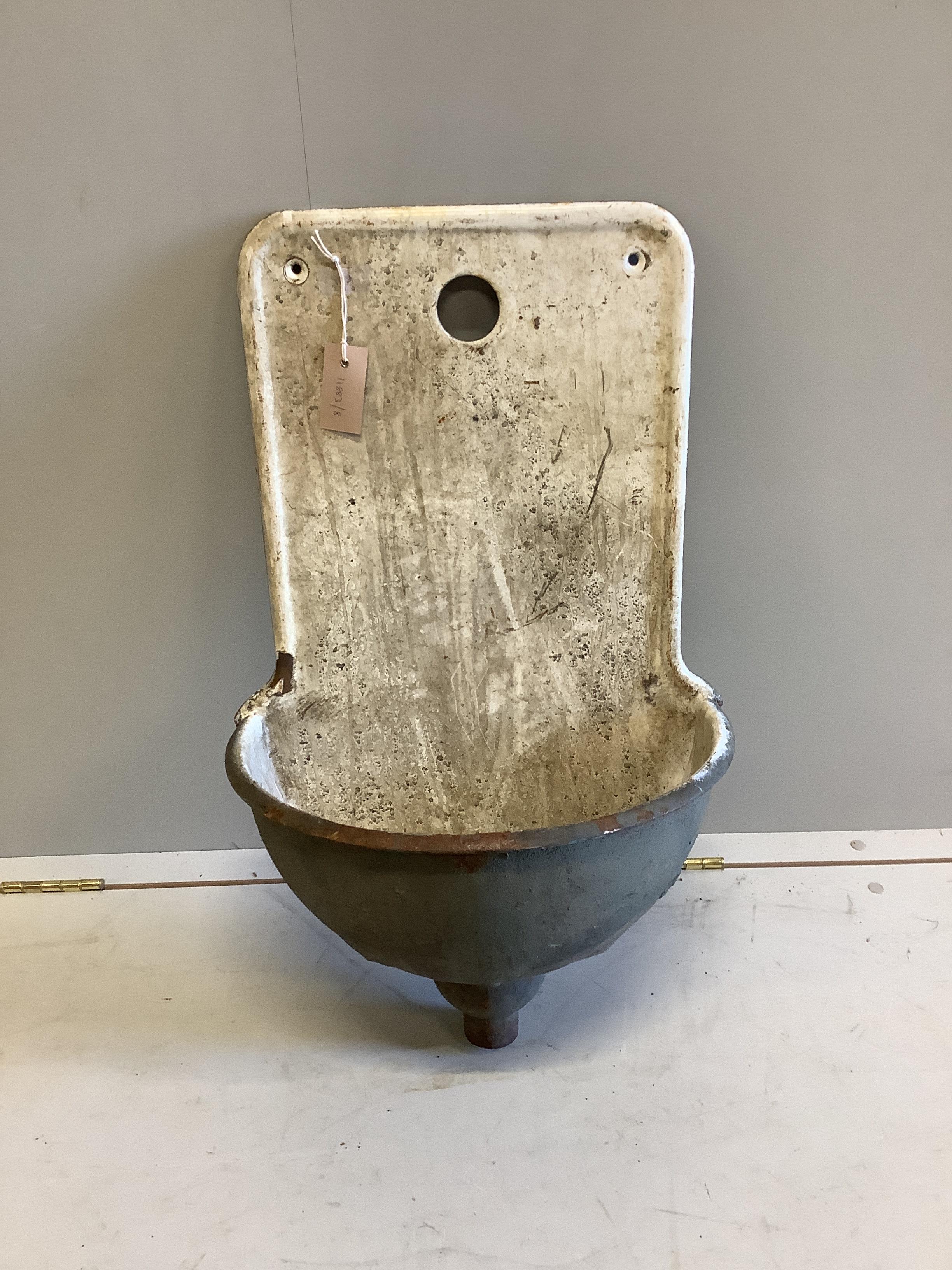 A vintage French enamelled drinking fountain, width 44cm, height 70cm